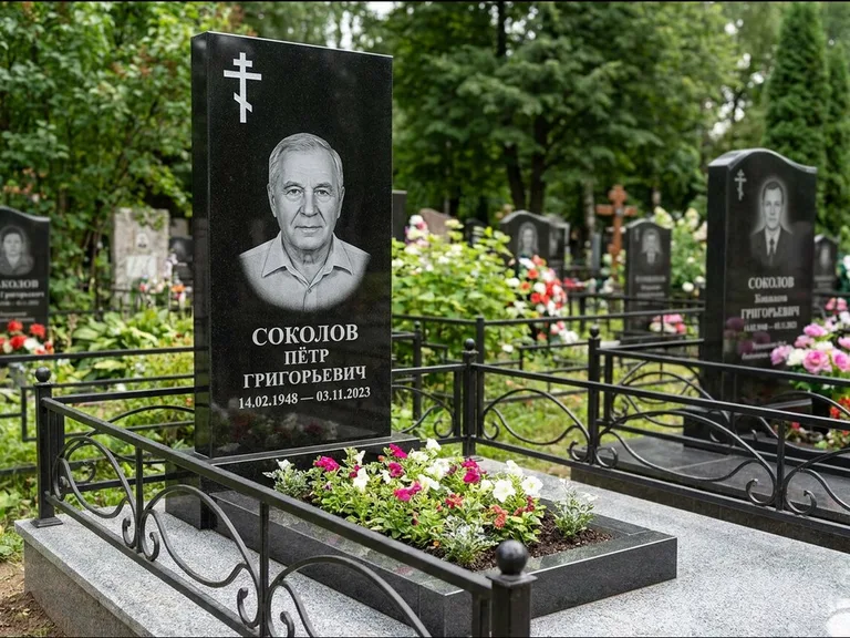 Памятник из чёрного гранита — стела с арочным верхом с православным восьмиконечным крестом, работа «Ковалёв» в Новосибирске