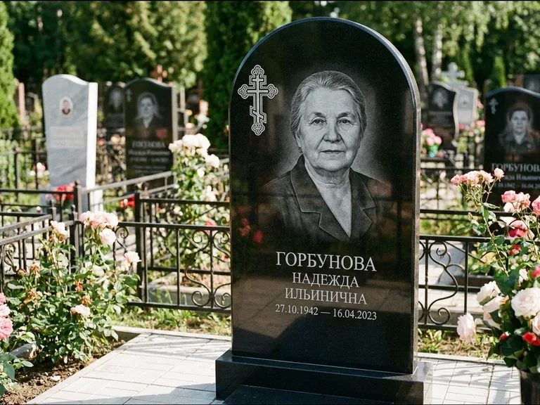 Памятник из чёрного гранита — стела с боковой колонной с крестом в лучах, работа «Мельникова» в Новосибирске