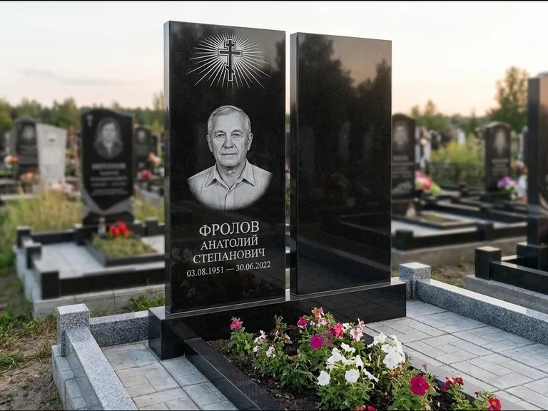 Памятник из чёрного гранита — стела на ступенчатом постаменте с золочёным крестом, работа «Богданов» в Новосибирске