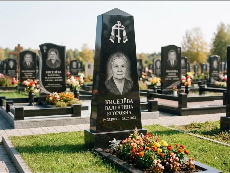 Памятник из чёрного гранита — стела со скошенным верхом с ажурным резным крестом, работа «Селезнёва» в Новосибирске