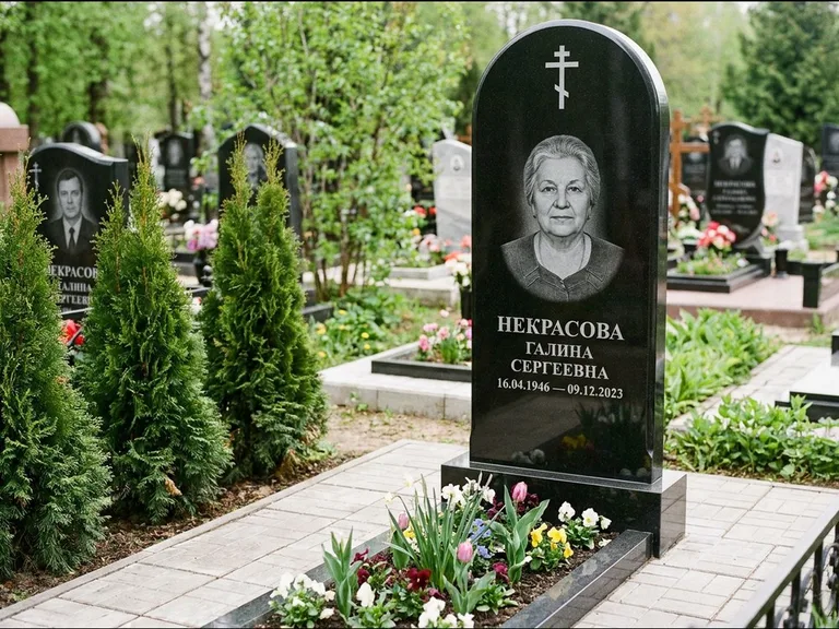 Памятник из чёрного гранита — стела с цветником-плитой с латинским крестом, работа «Лаврентьева» в Новосибирске