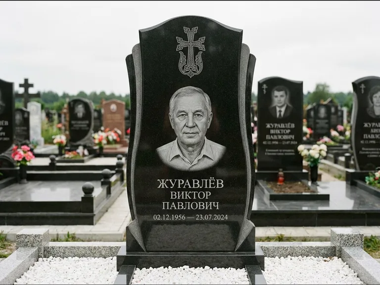 Памятник из чёрного гранита — панорамная стела с армянским хачкаром, работа «Тихонов» в Новосибирске