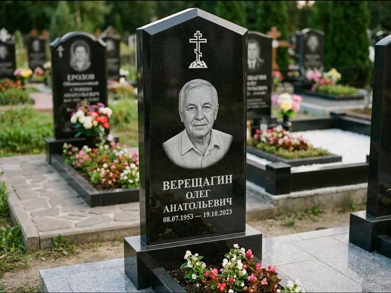 Памятник из чёрного гранита — обелиск-колонна с крестом на Голгофе, работа «Ковалёв» в Новосибирске
