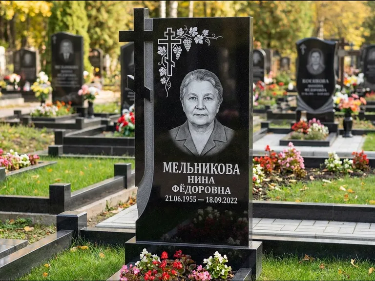 Памятник из чёрного гранита — стела с резной рамкой с крестом с распятием, работа «Некрасова» в Новосибирске
