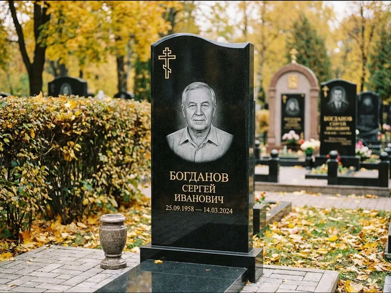 Памятник из чёрного гранита — стела с цветником с процветшим крестом с виноградной лозой, работа «Журавлёв» в Новосибирске