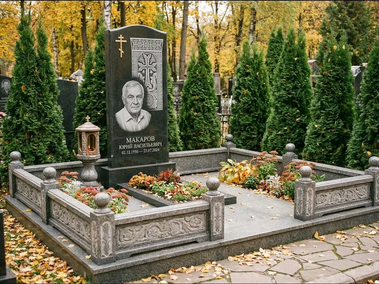 Памятник из чёрного гранита — стела с крестом и лампадой с армянским хачкаром, работа «Гущин» в Новосибирске