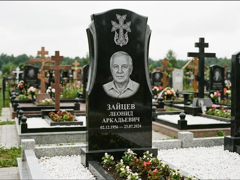 Памятник из чёрного гранита — семейная стела на двоих с армянским хачкаром, работа «Журавлёв» в Новосибирске