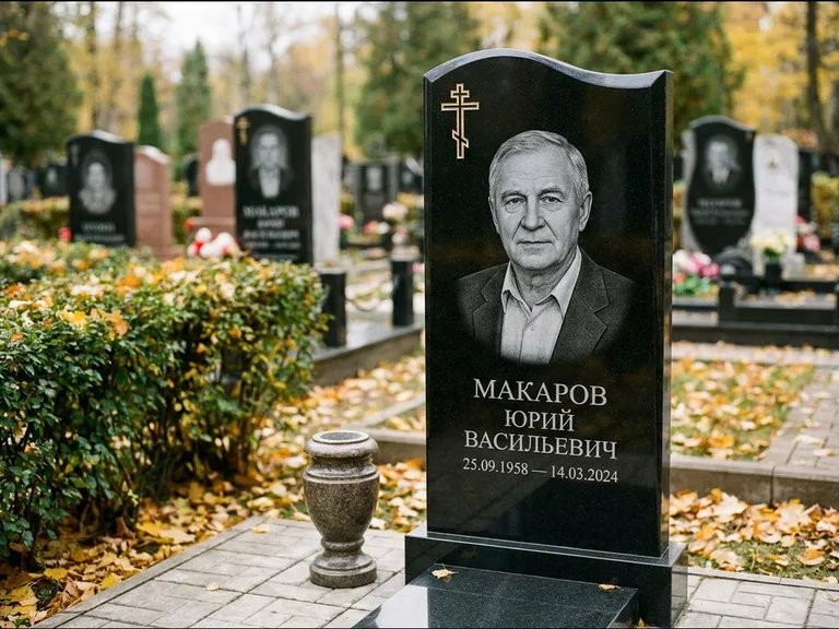 Памятник из чёрного гранита — фигурная стела с киот-нишей с процветшим крестом с виноградной лозой, работа «Богданов» в Новосибирске