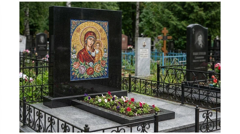 Мозаика на памятник в Новосибирске — цветное панно из смальты на чёрной гранитной стеле