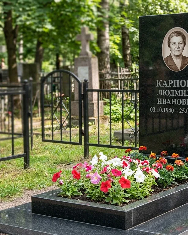 Памятник под ключ с низкой оградой и цветником в Новосибирске