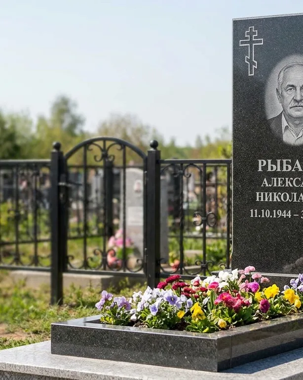 Двойной памятник под ключ с ярким цветником в Новосибирске
