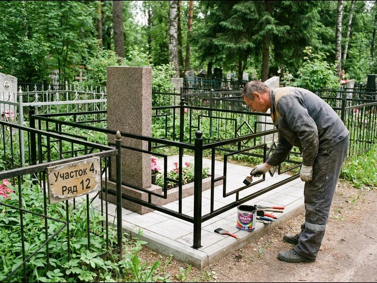 Покраска оградки на кладбище в Новосибирске — мастер красит металлическую ограду на могиле чёрной эмалью