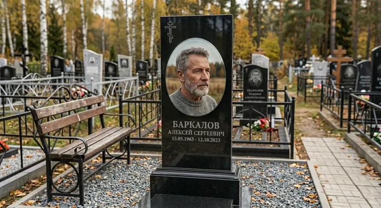 Овальный портрет на стекле на чёрной гранитной стеле в Новосибирске