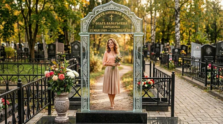 Портрет на стекле в форме арки на памятнике в Новосибирске