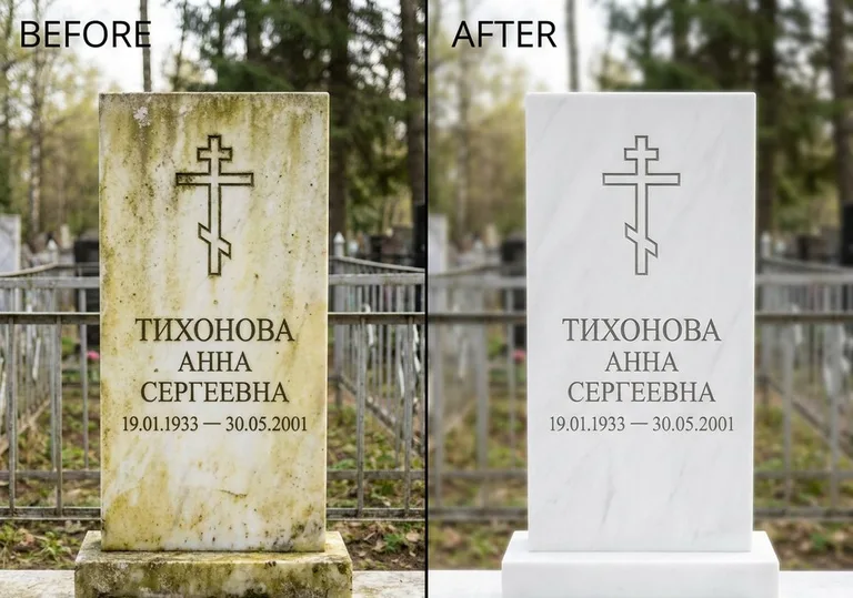 Восстановление мраморного надгробия от желтизны: до и после в Новосибирске
