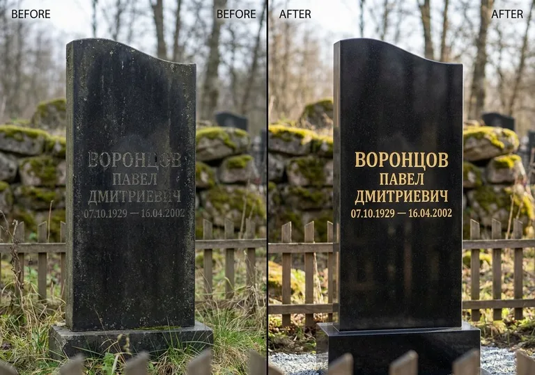 Золочение и обновление надписей на памятнике: до и после в Новосибирске