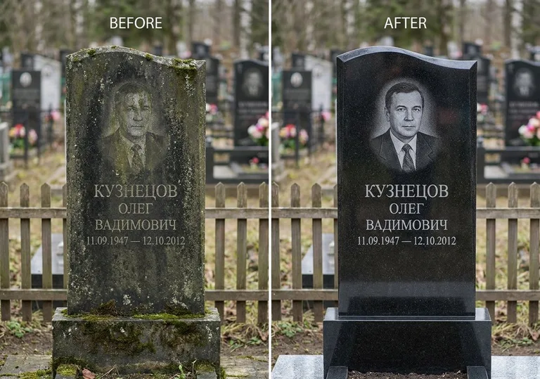 Реставрация гранитного памятника: до и после чистки и полировки в Новосибирске