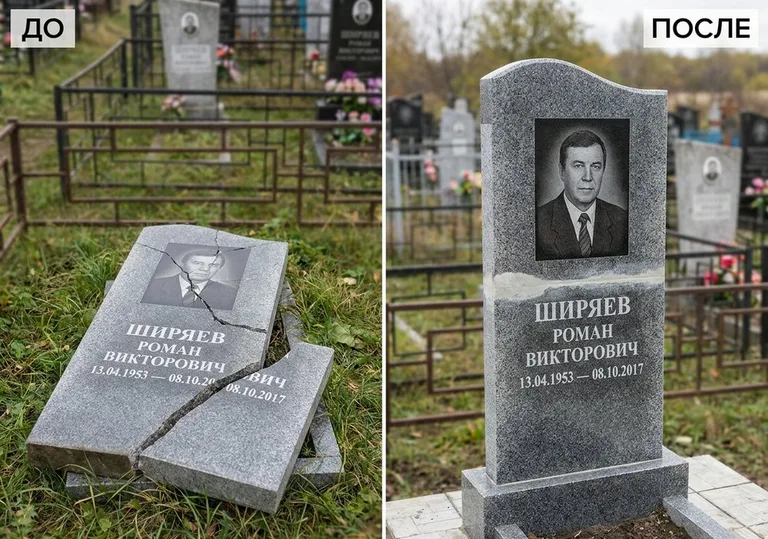 Обновление золочёных букв на граните: до и после в Новосибирске