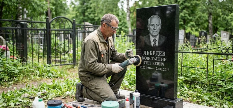 Реставрация памятника в Новосибирске — восстановление гранита, заделка трещин и обновление надписей на кладбище