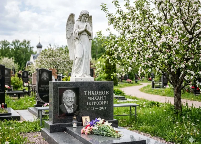 Мраморный молящийся ангел на гранитном памятнике весной в Новосибирске