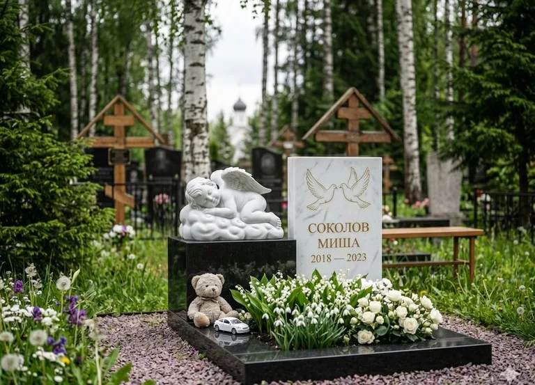 Белый ангелочек на детском памятнике в Новосибирске
