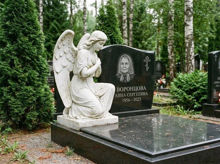 Белый мраморный ангел на гранитном памятнике в Новосибирске