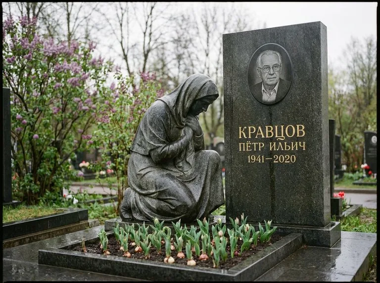 Гранитная скорбящая фигура у стелы на кладбище в Новосибирске