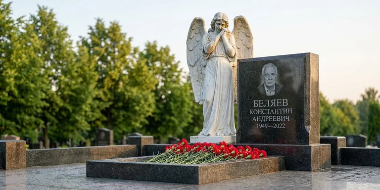 Скульптура на памятник в Новосибирске — мраморный ангел на гранитном мемориале