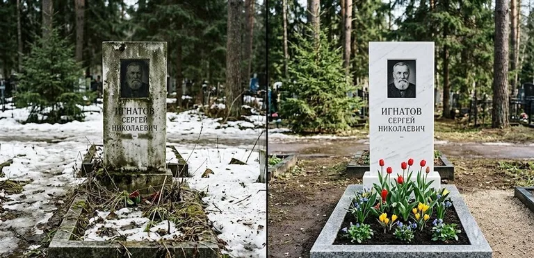 Диптих №6: высадка хризантем у подножия серого гранита — до и после уборки в Новосибирске