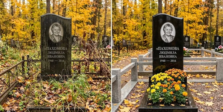 Уборка могилы до и после осенью — клёны в Новосибирске