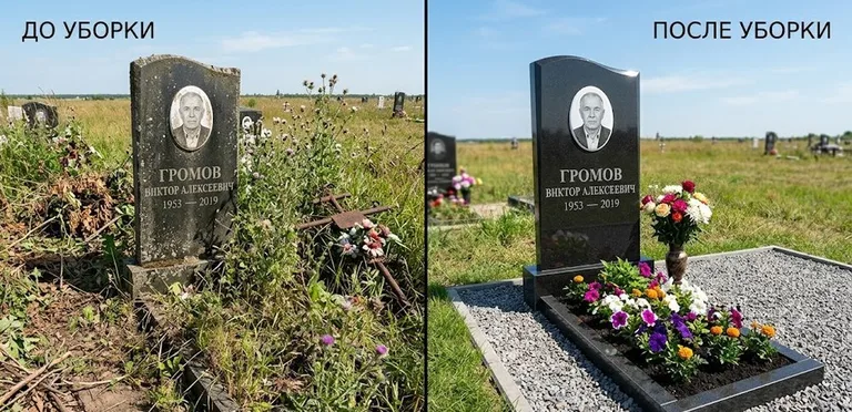 Уборка участка с обелиском до и после в Новосибирске