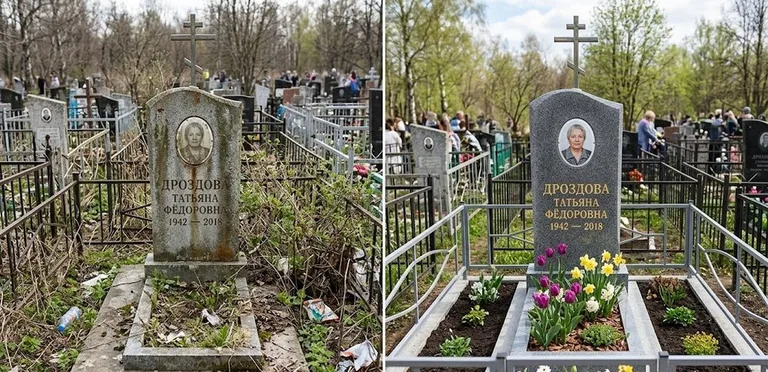 Диптих №4: свежепокрашенная серебром оградка и отмытый красный гранит — до и после в Новосибирске