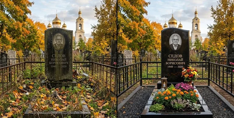 Уборка могилы до и после осенью — у церкви в Новосибирске