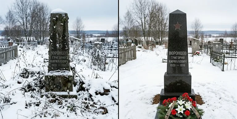 Уборка могилы до и после зимой — воинский обелиск в Новосибирске