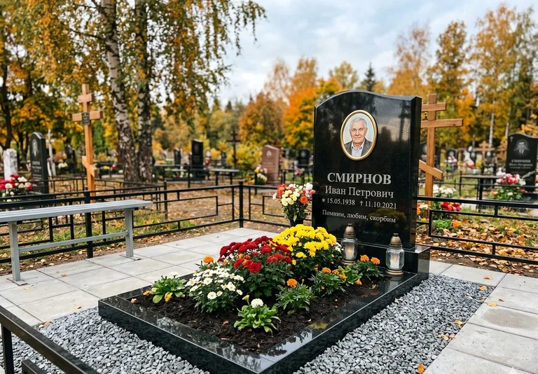 Ухоженная могила после уборки и мойки памятника в Новосибирске