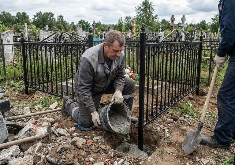 Установка ограды бетонированием ножек в грунт в Новосибирске