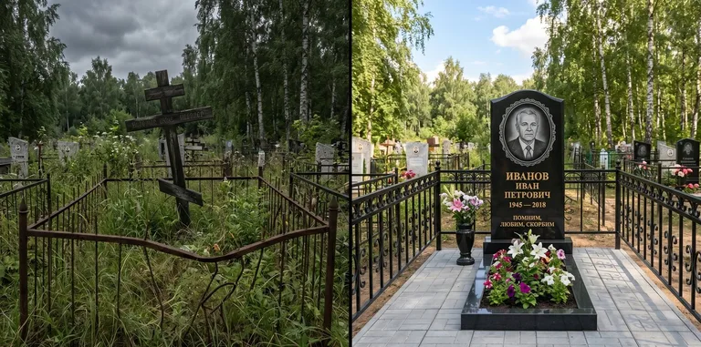 Благоустройство могилы до и после установки памятника в Новосибирске