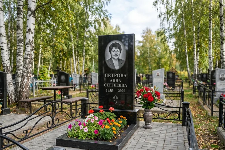 Гранитный памятник с цветником и плиткой в Новосибирске