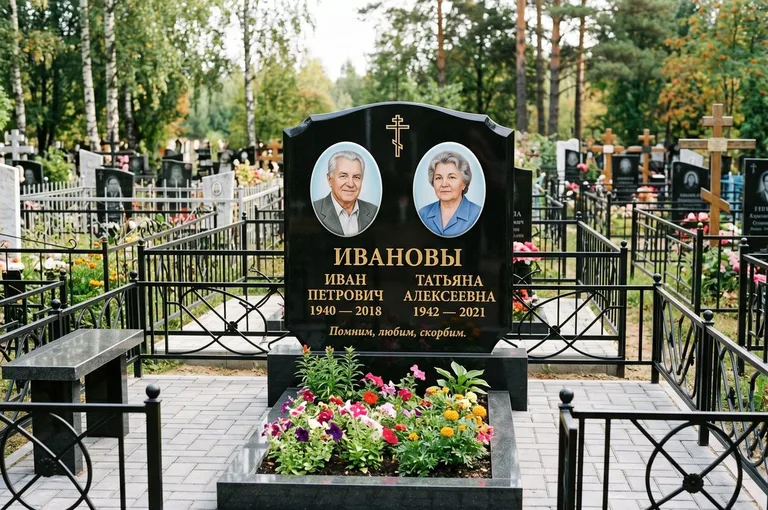 Двойной памятник с оградой и благоустройством в Новосибирске