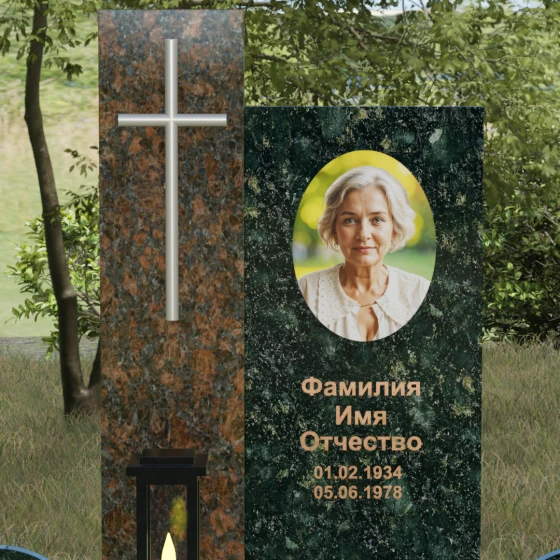 Комбинированный памятник с крестом, европейский дизайн, гранит Балтик грин