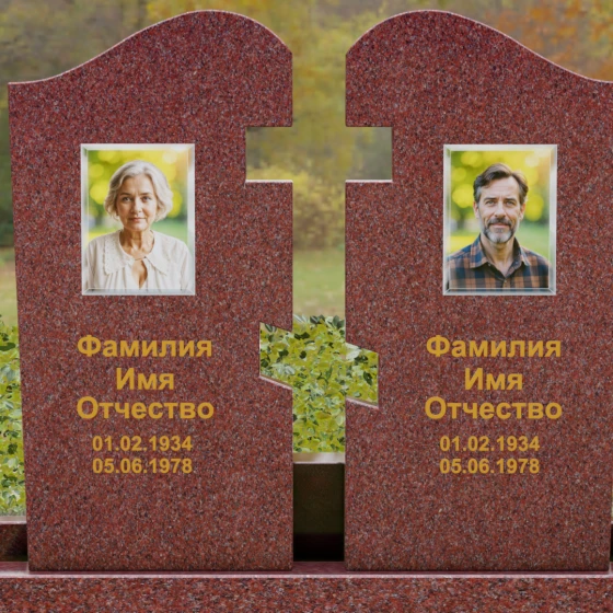 Двойной гранитный памятник-пазл с волной, гранит Лезниковский