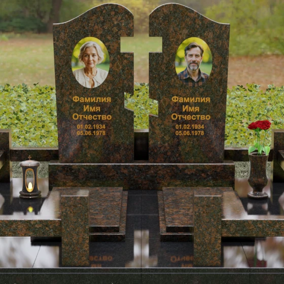 Двойной гранитный памятник-пазл с волной, гранит Дымовский, вид 2