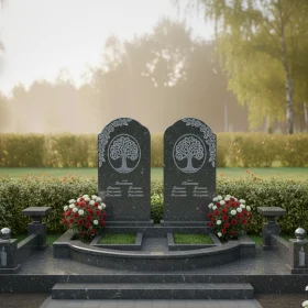 Гранитный вертикальный памятник для двоих с мемориальным комплексом - ПН053