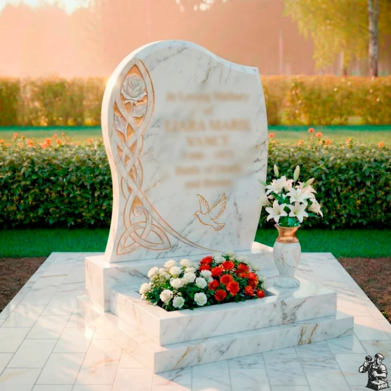 Гранитный памятник-волна с кельтским орнаментом, мрамор Тассос