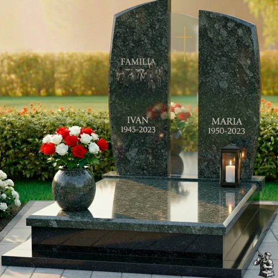 Памятник-арка с католическим крестом и надписью Familia, гранит Балтик грин