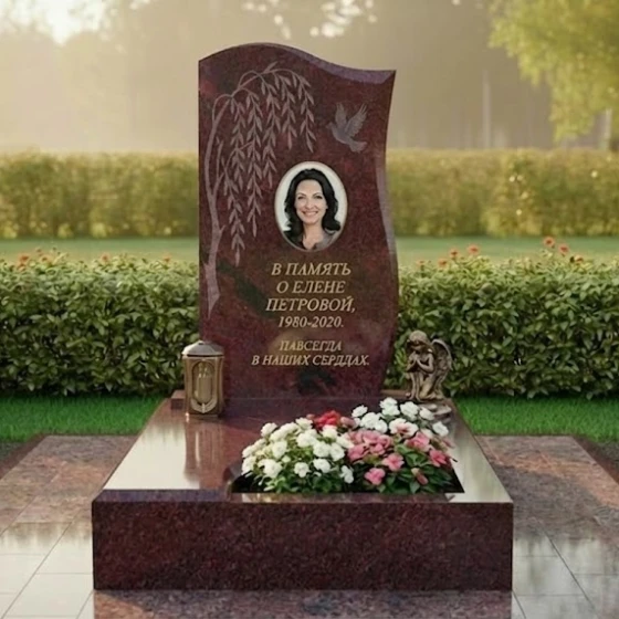 Гранитный мемориал в форме книги с ивой и голубем, гранит Лезниковский