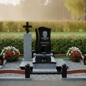 Элитный вертикальный памятник из гранита и стекла - ПН428