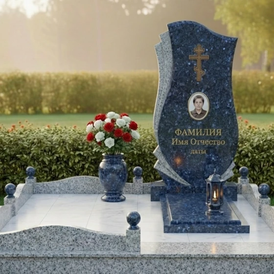 Мемориальный комплекс с изогнутой стелой и крестом, гранит Блю Перл
