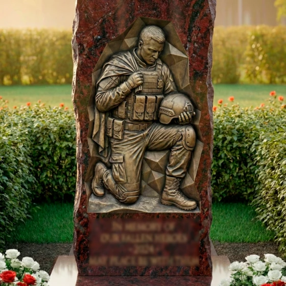 Гранитный памятник-глыба с барельефом воина, гранит амфиболит