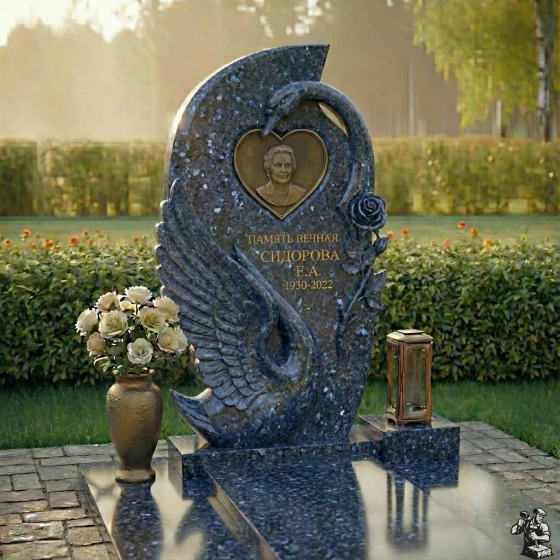 Мемориал с лебедем и розой, комбинированный, гранит Блю Перл